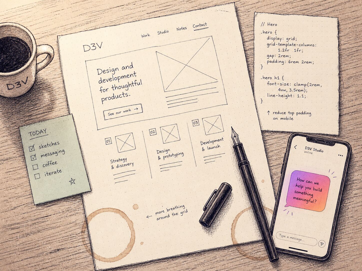 Hand-drawn studio desk illustration with sketches, code snippets and a glowing cursor