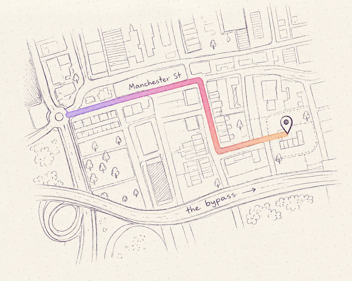 Map-style sketch with a single illuminated route