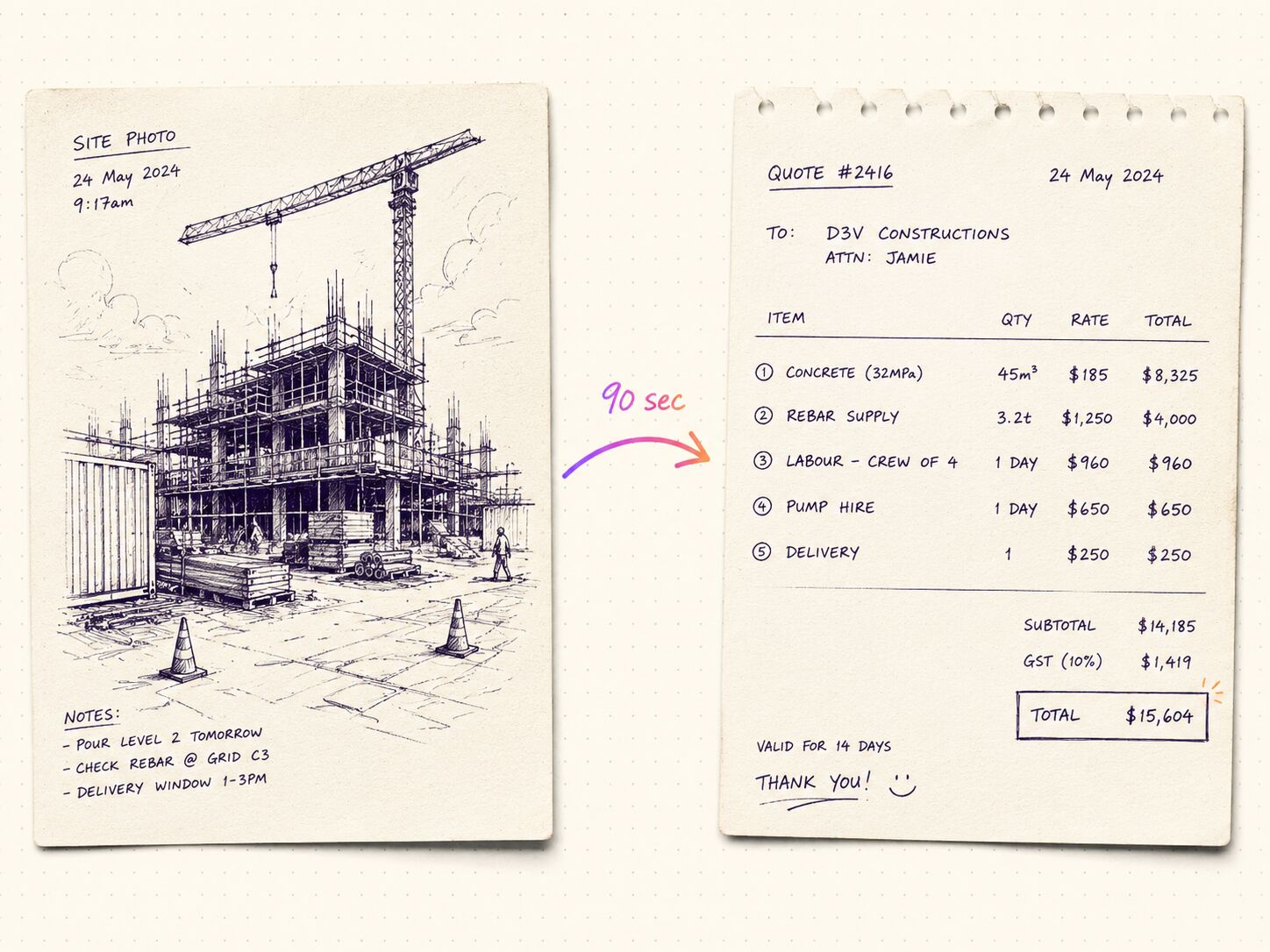 Site photo turning into a priced quote sketch