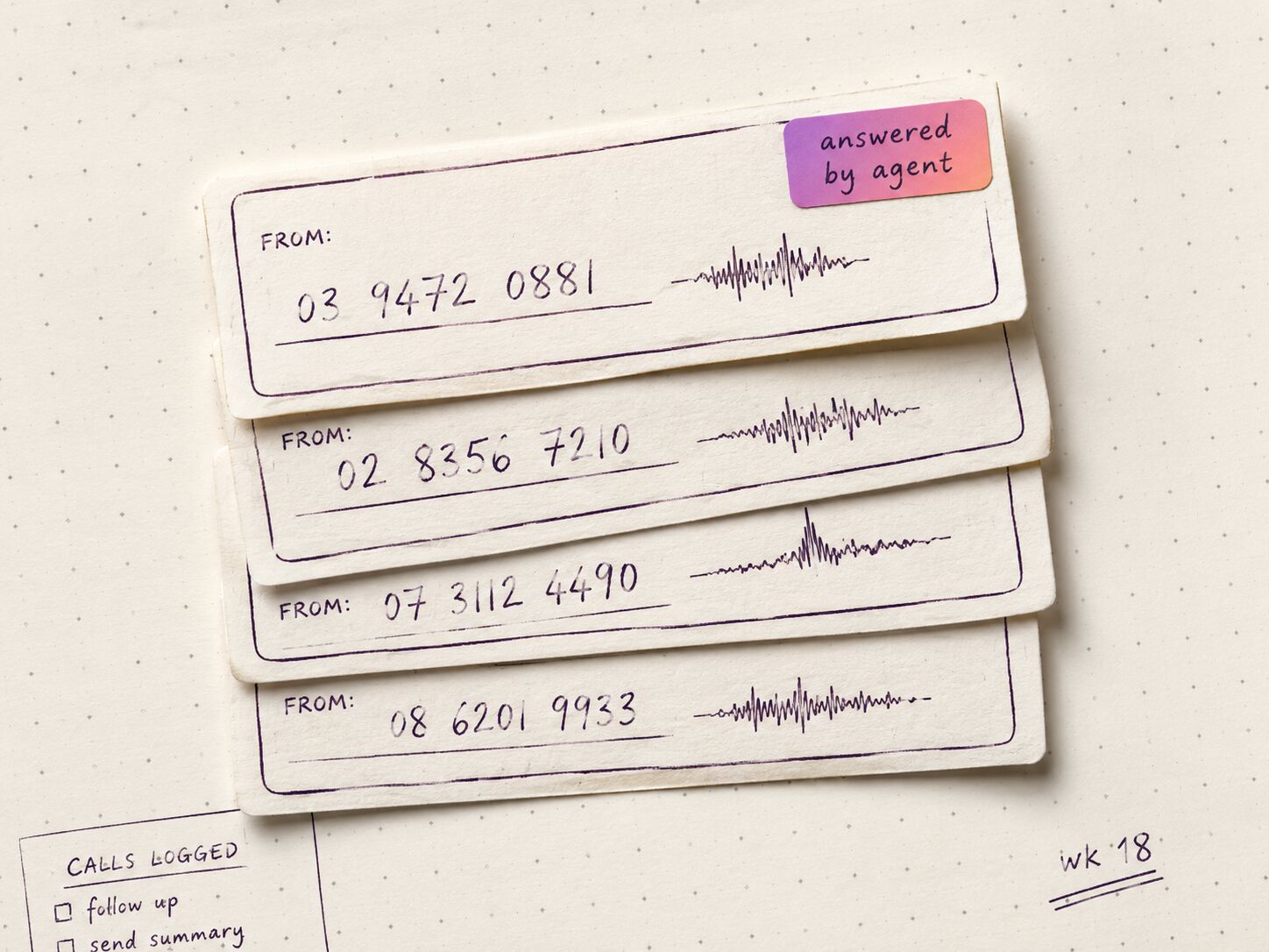 Stack of paper call cards with handwritten phone numbers
